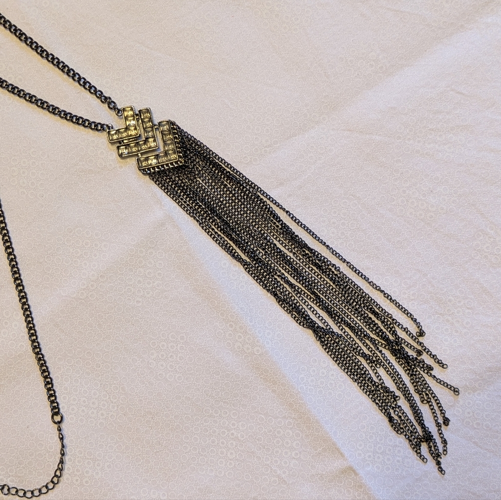Silver and Black Art Deco Necklace with Tassel